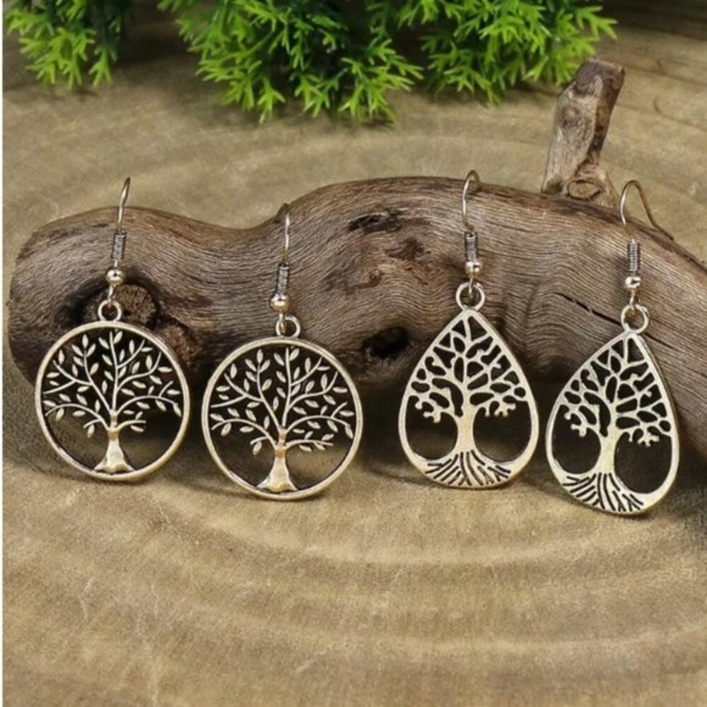 NWT Hollow Tree of Life Antique Gold 2 Sets of Drop Earrings Fashion Jewelry